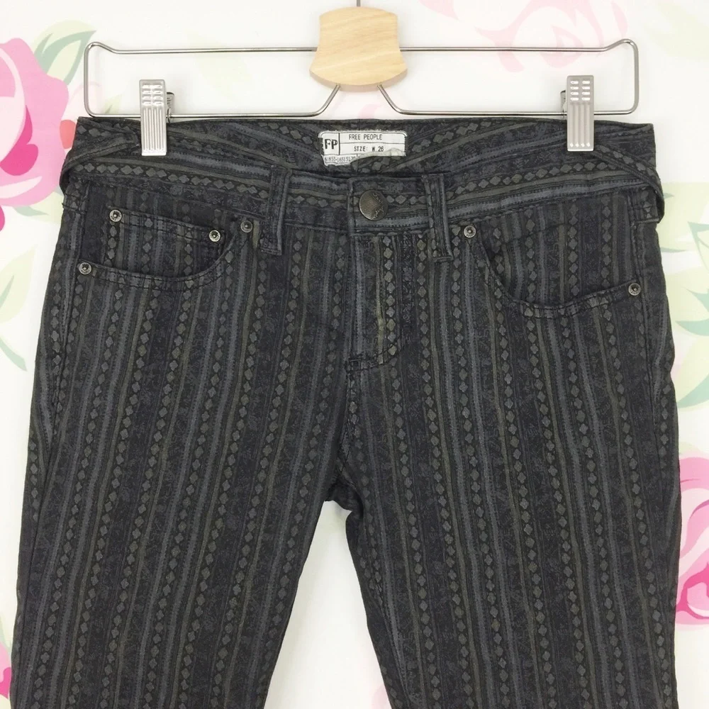 Free People Boho Geo Print Black Gray Skinny Jeans Pants 26